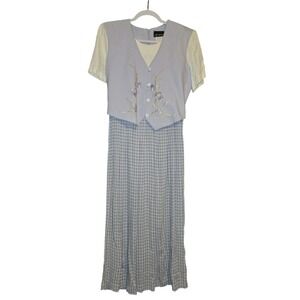 Vintage Citi Dress Lavender Gingham Floral Embroidery Maxi Dress 90s Cottagecore